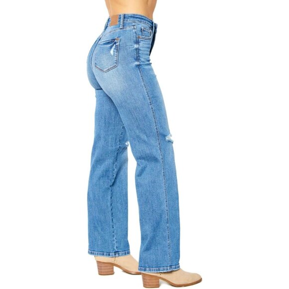 Women's High Waist Tummy Control Distressed Straight Jeans Regular MD - Picture 5 of 5